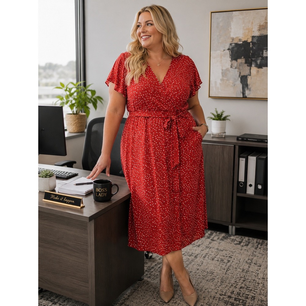 Red Polka Dot Wrap Midi Dress Short Flutter Sleeve V-Neck Tie Waist Summer Dress